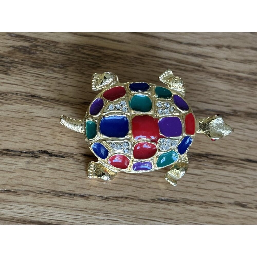 Crystal Rhinestone Turtle Brooch Pin Gold Toned Enamel Multi-Colored - Picture 5 of 6